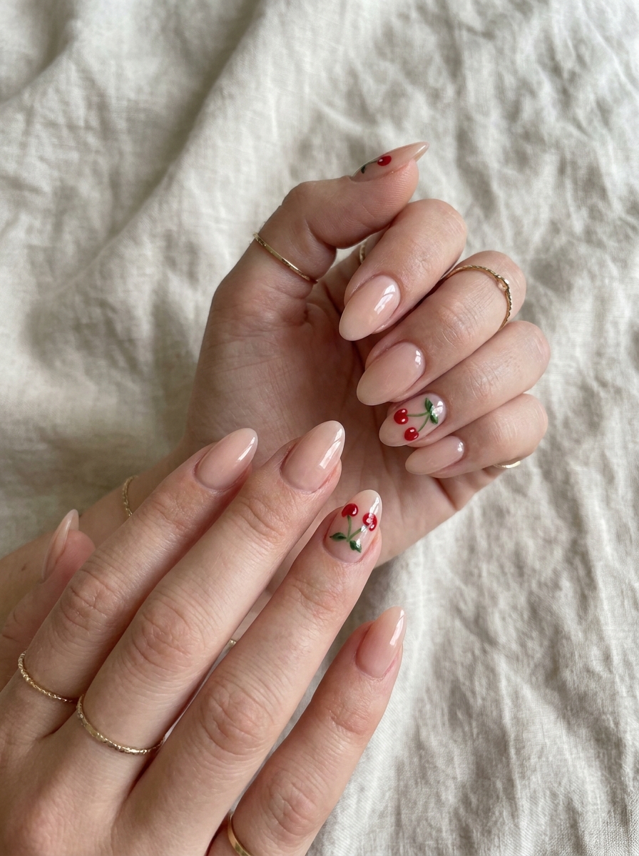 Cherry Accent Nails mit kleinen Kirschmotiven auf heller Nagelbasis
